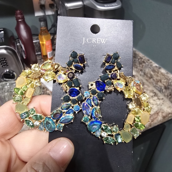 NWT J CREW WREATH CIRCLE RHINESTONE GEMSTONE DARK SEA GREEN EARRINGS - Picture 10 of 14